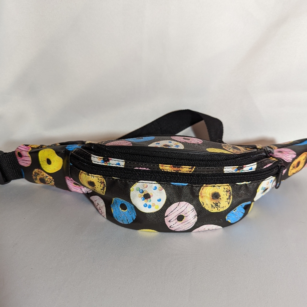 Donut Fanny Pack Adjustable Lots Of Space black with colorful donuts.